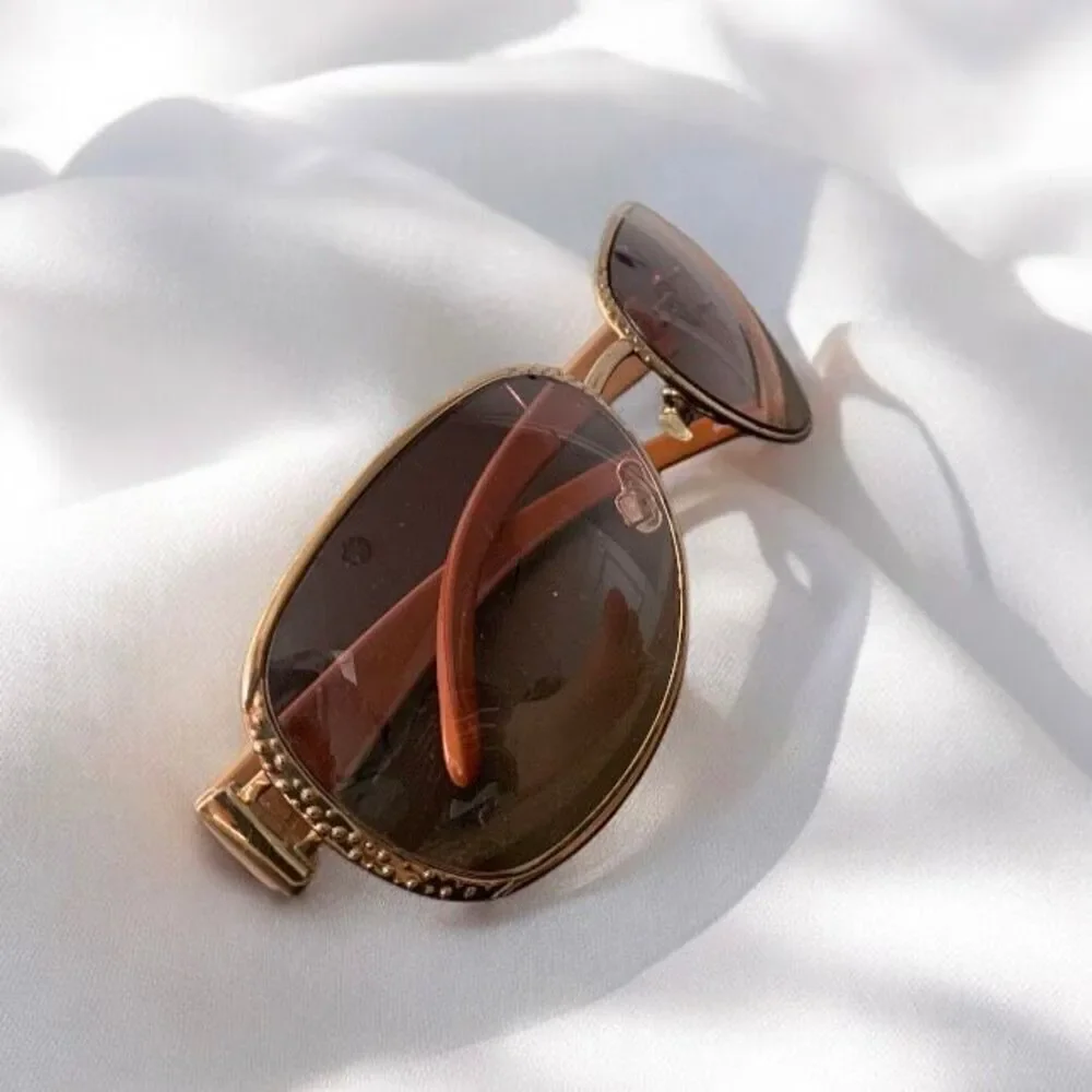 Vintage Round 70s Brown Sunglasses Oval Plastic Metal Aviator